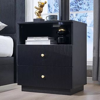 Modern Nightstand with Charging Station, 21.65" Wood End Table with 2 Drawers for Bedroom