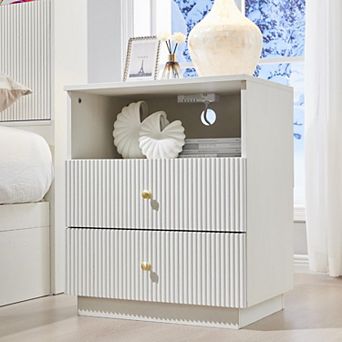 Modern Nightstand with Charging Station, 21.65" Wood End Table with 2 Drawers for Bedroom