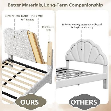 Cute Kids' Bed with Scallop Headboard & Velvet Upholstery, Sturdy Platform - Noise Free
