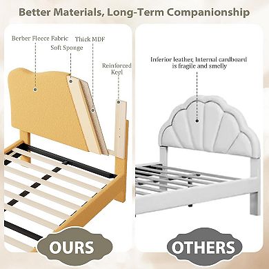 Cute Kids' Bed with Scallop Headboard & Velvet Upholstery, Sturdy Platform - Noise Free