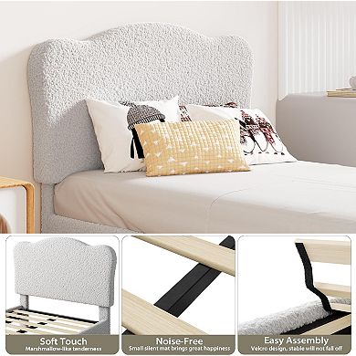 Cute Kids' Bed with Scallop Headboard & Velvet Upholstery, Sturdy Platform - Noise Free