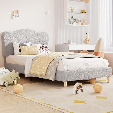Cute Kids' Bed with Scallop Headboard & Velvet Upholstery, Sturdy Platform - Noise Free