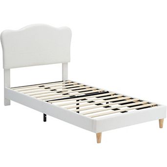 Cute Kids' Bed with Scallop Headboard & Velvet Upholstery, Sturdy Platform - Noise Free