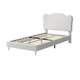 Cute Kids' Bed with Scallop Headboard & Velvet Upholstery, Sturdy Platform - Noise Free