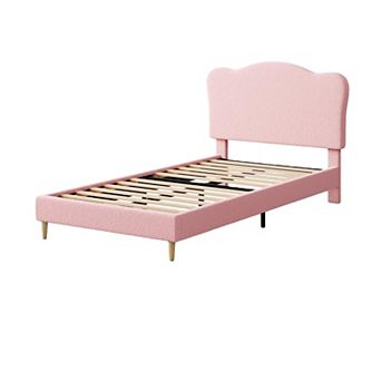 Cute Kids' Bed with Scallop Headboard & Velvet Upholstery, Sturdy Platform - Noise Free