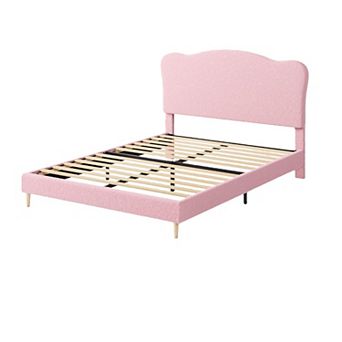 Cute Kids' Bed with Scallop Headboard & Velvet Upholstery, Sturdy Platform - Noise Free