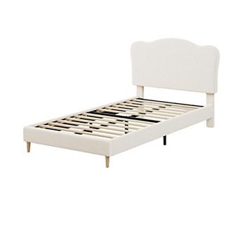 Cute Kids' Bed with Scallop Headboard & Velvet Upholstery, Sturdy Platform - Noise Free