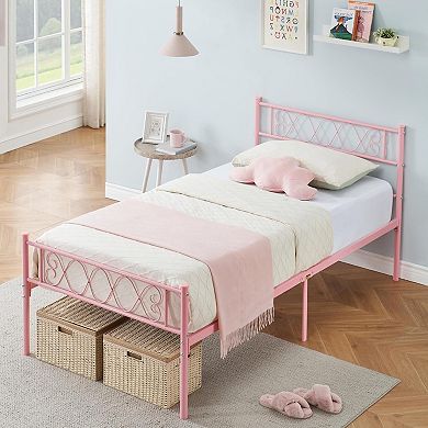 Metal Bed with Iron Heart Headboard & Footboard, Sturdy Platform Bed for Kids, Easy Assembly