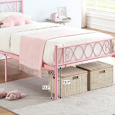 Metal Bed with Iron Heart Headboard & Footboard, Sturdy Platform Bed for Kids, Easy Assembly