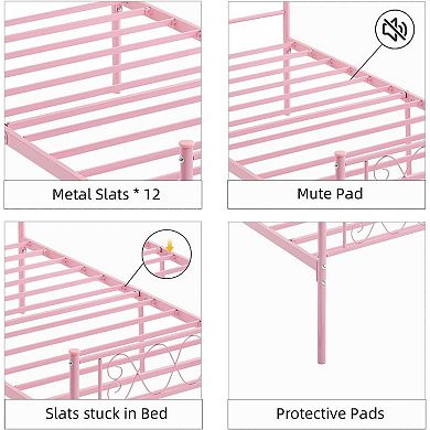 Metal Bed with Iron Heart Headboard & Footboard, Sturdy Platform Bed for Kids, Easy Assembly