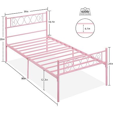 Metal Bed with Iron Heart Headboard & Footboard, Sturdy Platform Bed for Kids, Easy Assembly