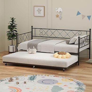 Heart-Shaped Metal Daybed with Trundle, Sturdy Steel Slat Support, Space-Saving Multi-Room Bed