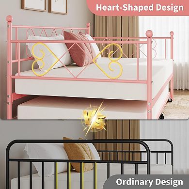 Heart-Shaped Metal Daybed with Trundle, Sturdy Steel Slat Support, Space-Saving Multi-Room Bed