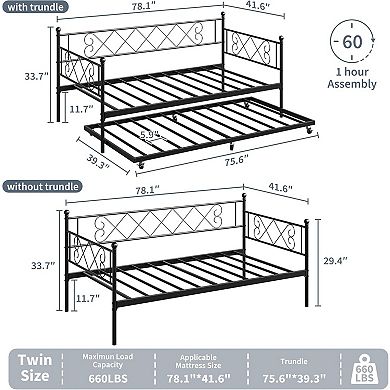 Heart-Shaped Metal Daybed with Trundle, Sturdy Steel Slat Support, Space-Saving Multi-Room Bed