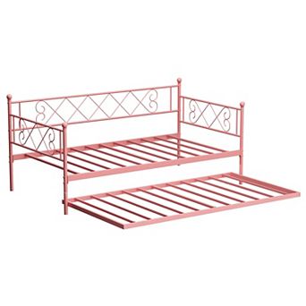 Heart-Shaped Metal Daybed with Trundle, Sturdy Steel Slat Support, Space-Saving Multi-Room Bed