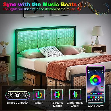 Rattan Bed Frame, RGB LED Headboard, Boho Metal Platform - Noise-Free, No Box Spring