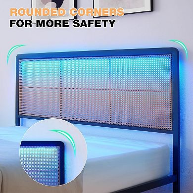 Rattan Bed Frame, RGB LED Headboard, Boho Metal Platform - Noise-Free, No Box Spring