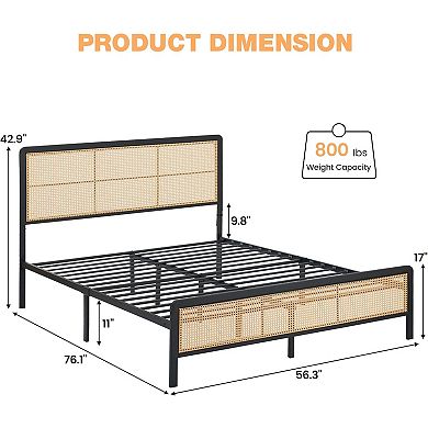 Rattan Bed Frame, RGB LED Headboard, Boho Metal Platform - Noise-Free, No Box Spring