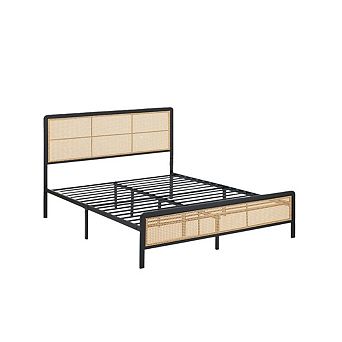 Rattan Bed Frame, RGB LED Headboard, Boho Metal Platform - Noise-Free, No Box Spring