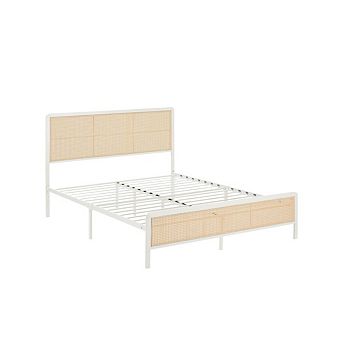 Rattan Bed Frame, RGB LED Headboard, Boho Metal Platform - Noise-Free, No Box Spring