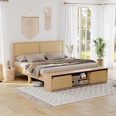 Rattan Storage Bed Frame with LED Headboard, Farmhouse Platform - No Box Spring Needed