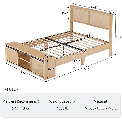 Rattan Storage Bed Frame with LED Headboard, Farmhouse Platform - No Box Spring Needed