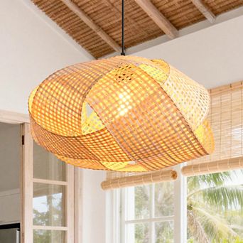 20" Boho Farmhouse Natural Irregular Oval Handwoven Bamboo 1-Light Adjustable Hanging Light