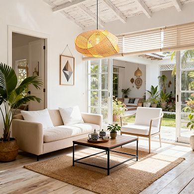 20" Boho Farmhouse Natural Irregular Oval Handwoven Bamboo 1-Light Adjustable Hanging Light