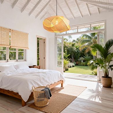 20" Boho Farmhouse Natural Irregular Oval Handwoven Bamboo 1-Light Adjustable Hanging Light