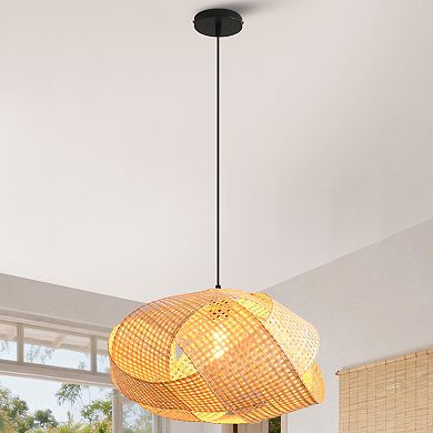20" Boho Farmhouse Natural Irregular Oval Handwoven Bamboo 1-Light Adjustable Hanging Light