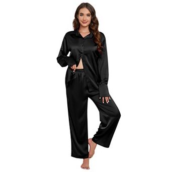 Women Long Sleeve Pajamas Set Silk Satin Sleepwear Button Down Pajamas Loungewear with Pocket