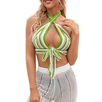 Women's Crochet Halter Bikini Top Striped Tie Front Backless Swimwear Cover Up Beach Vacation Top