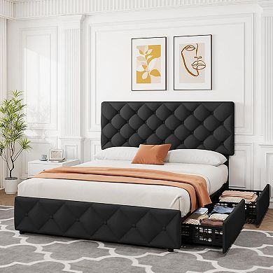 Platform Bed Frame with 4 Storage Drawers & Tufted Headboard, Wooden Slats, No Box Spring