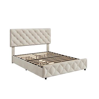 Platform Bed Frame with 4 Storage Drawers & Tufted Headboard, Wooden Slats, No Box Spring