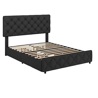 Platform Bed Frame with 4 Storage Drawers & Tufted Headboard, Wooden Slats, No Box Spring
