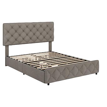 Platform Bed Frame with 4 Storage Drawers & Tufted Headboard, Wooden Slats, No Box Spring