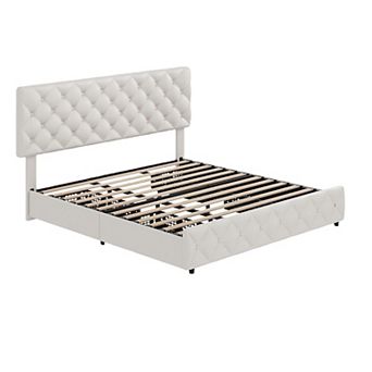 Platform Bed Frame with 4 Storage Drawers & Tufted Headboard, Wooden Slats, No Box Spring