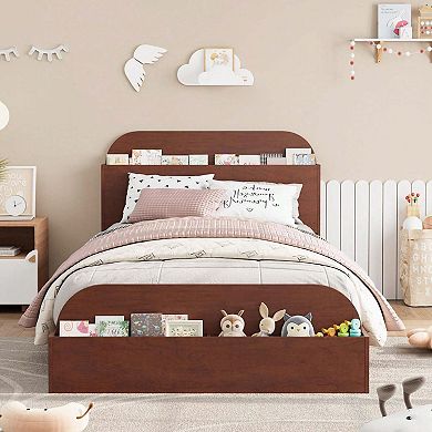 Kids Low Platform Bed with Storage Headboard & Footboard - Sturdy Wood Slats, No Box Spring Needed