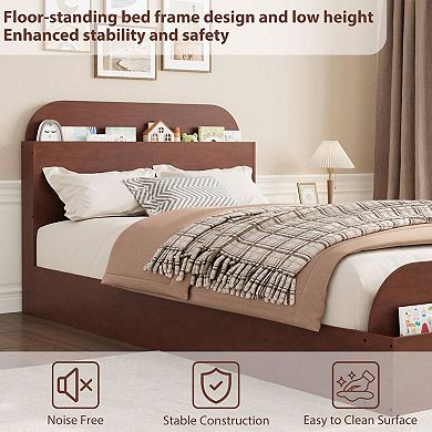 Kids Low Platform Bed with Storage Headboard & Footboard - Sturdy Wood Slats, No Box Spring Needed