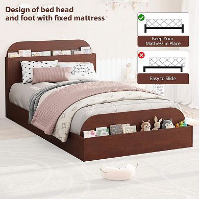 Kids Low Platform Bed with Storage Headboard & Footboard - Sturdy Wood Slats, No Box Spring Needed