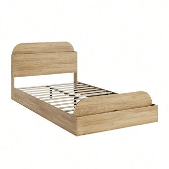 Kids Low Platform Bed with Storage Headboard & Footboard - Sturdy Wood Slats, No Box Spring Needed