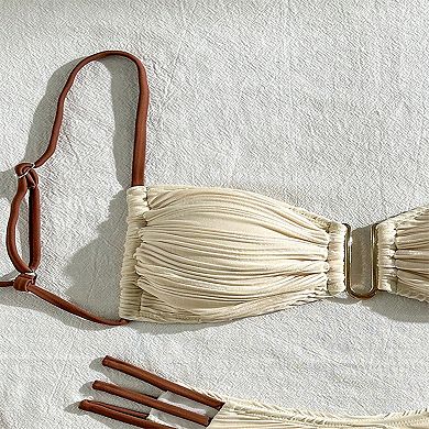 Women's Textured Bandeau Bikini Set Strappy Two Piece Swimsuit with Front Ring for Beach Vacation