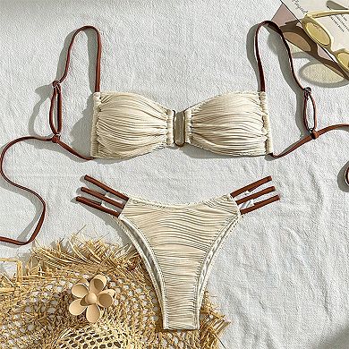 Women's Textured Bandeau Bikini Set Strappy Two Piece Swimsuit with Front Ring for Beach Vacation