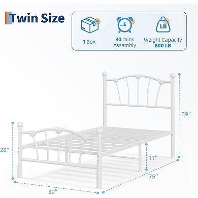 Girls' Metal Platform Bed Frame with Heart Design - Heavy-Duty, Noise-Free, Easy Assembly