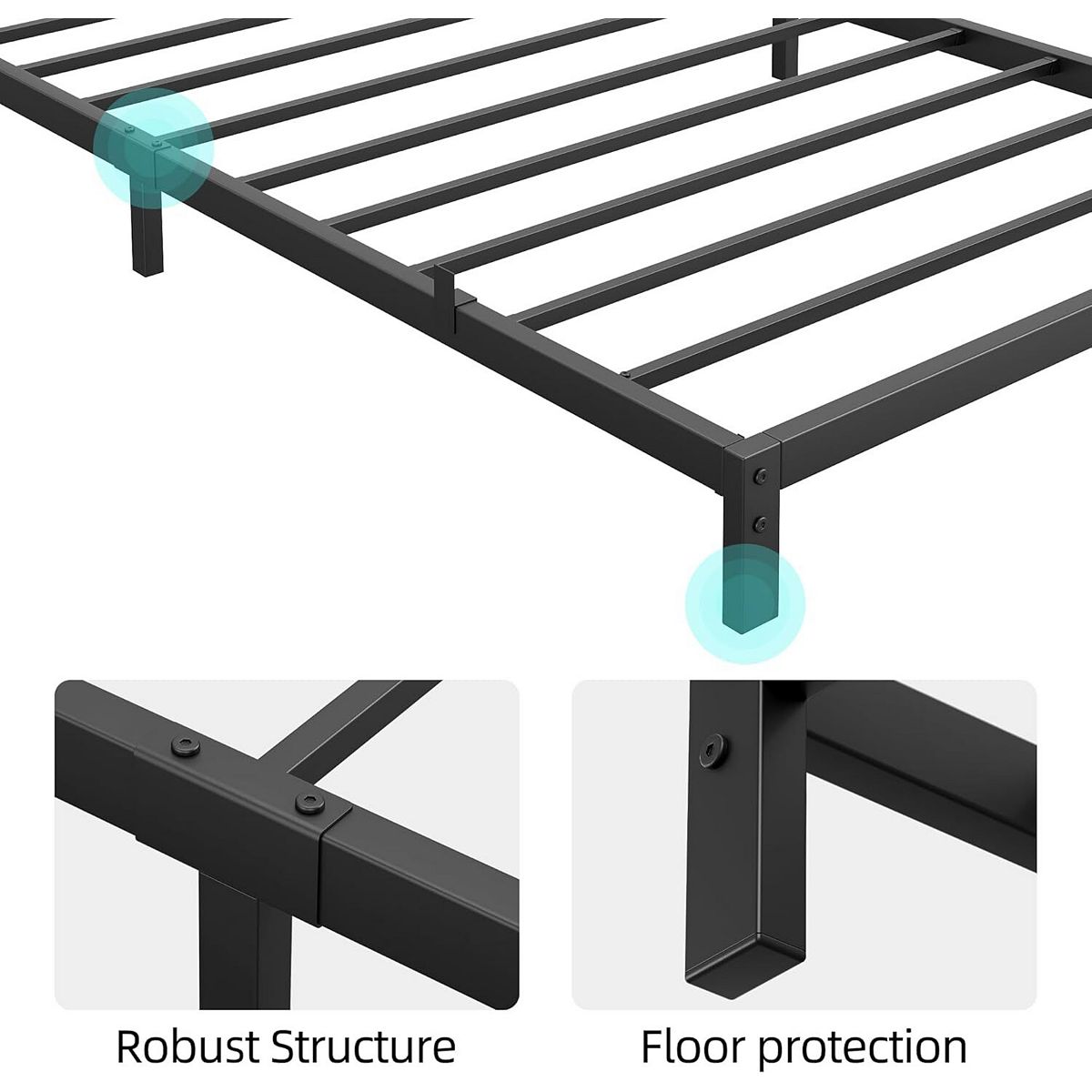 Close-up of bed frame joints showing robust structure and floor protection