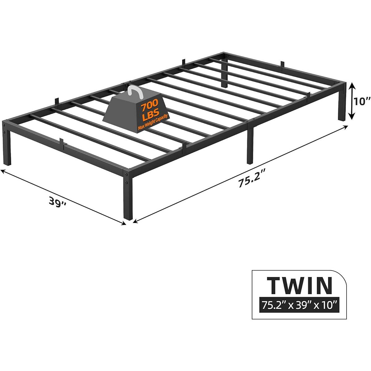 Metal platform bed frame with dimensions 75.2 by 39 by 10 inches and a twin size label