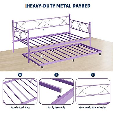 Multifunctional Twin Metal Daybed with Pull-Out Trundle, Premium Steel Slat Support for Bedroom