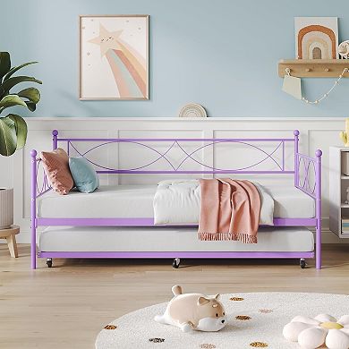 Multifunctional Twin Metal Daybed with Pull-Out Trundle, Premium Steel Slat Support for Bedroom
