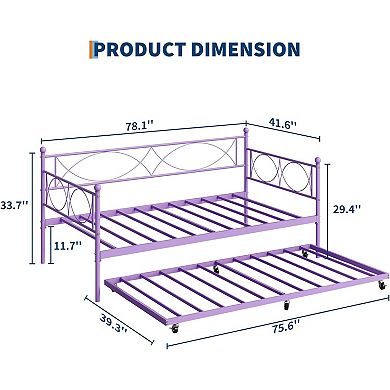 Multifunctional Twin Metal Daybed with Pull-Out Trundle, Premium Steel Slat Support for Bedroom