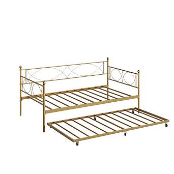 Multifunctional Twin Metal Daybed with Pull-Out Trundle, Premium Steel Slat Support for Bedroom